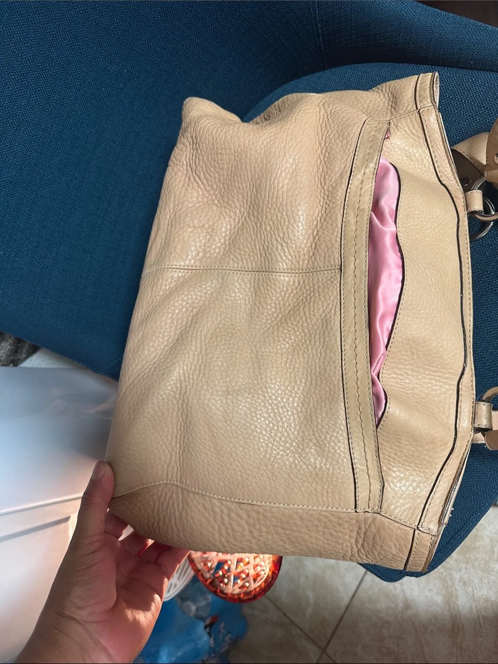 Coach Tan Pebbled Leather Tote with Front Zip Pocket